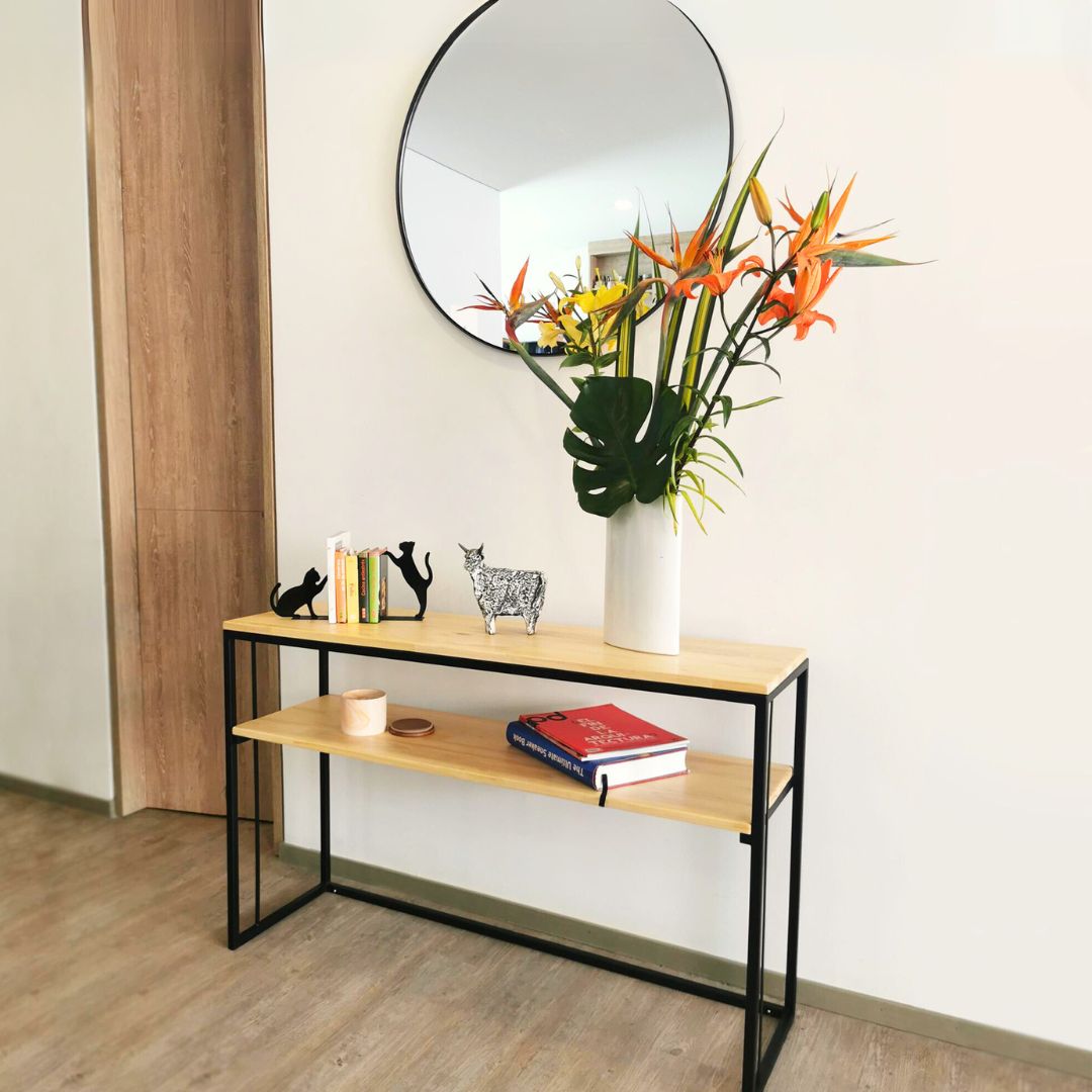 Combo Mueble Recibidor de 2 niveles Viena 100 cm + Espejo circular 80 cm