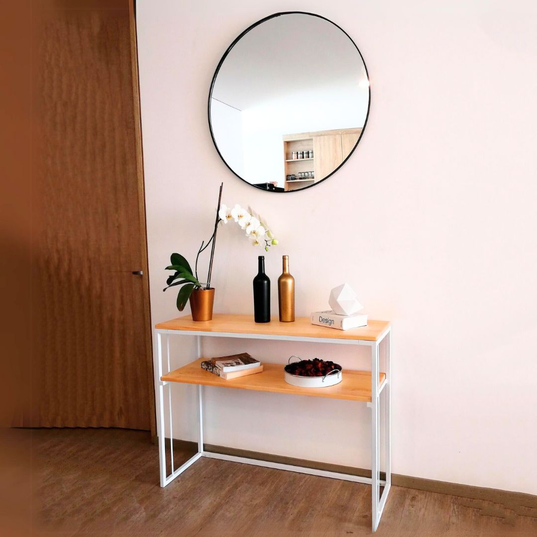 Combo Mueble Recibidor de 2 niveles Viena 100 cm + Espejo circular 80 cm